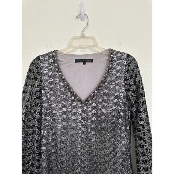 Sue Wong Nocturne Sheath Dress Long Sleeve Embellished Lined V-Neck Gray Women 6 - Picture 2 of 9